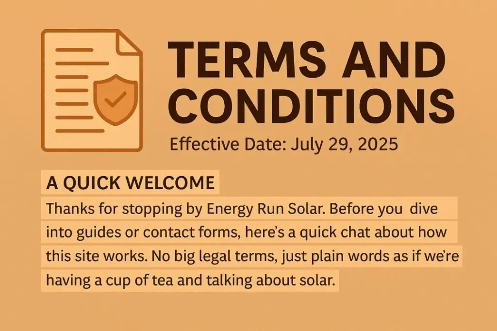 Terms and Conditions banner for Energy Run Solar website with solar panels and policy document icon