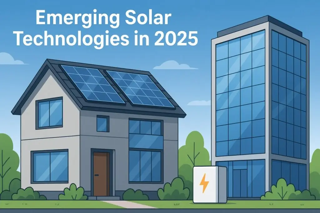 Emerging Solar Technologies in 2025 – Transparent Panels, Solar Roof Tiles, and Smart Battery Storage powering modern homes and futuristic office building